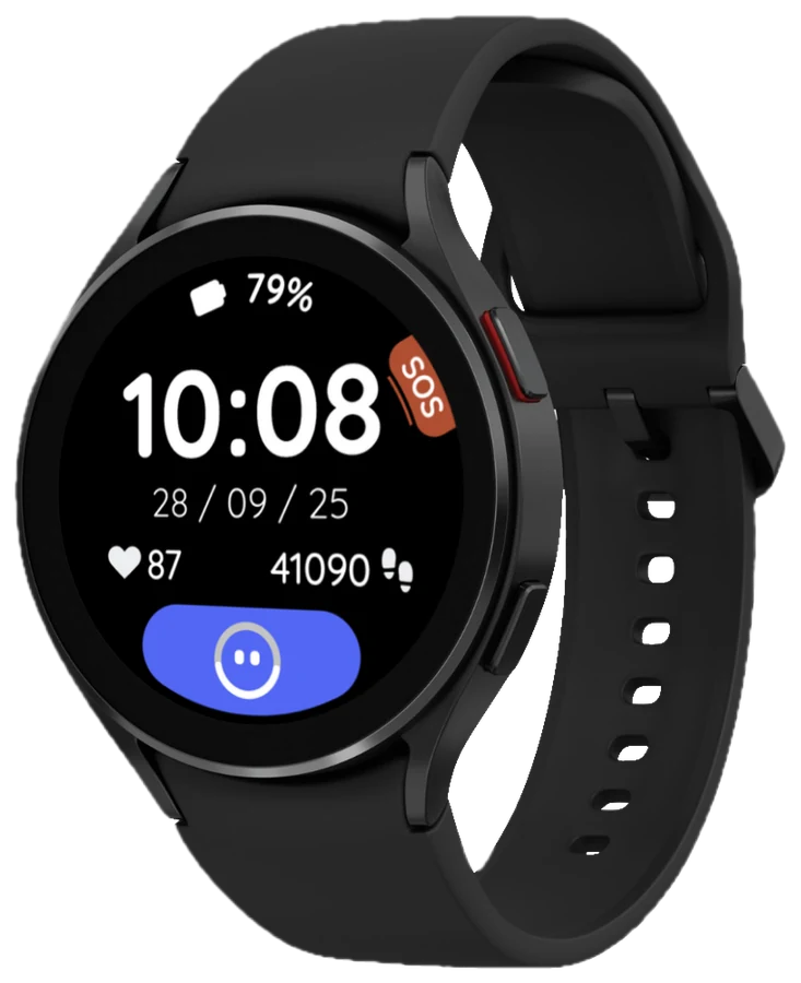 Ellie Watch Samsung con face del usuario - 10:08, 79% bateria, frecuencia cardiaca, pasos, boton SOS